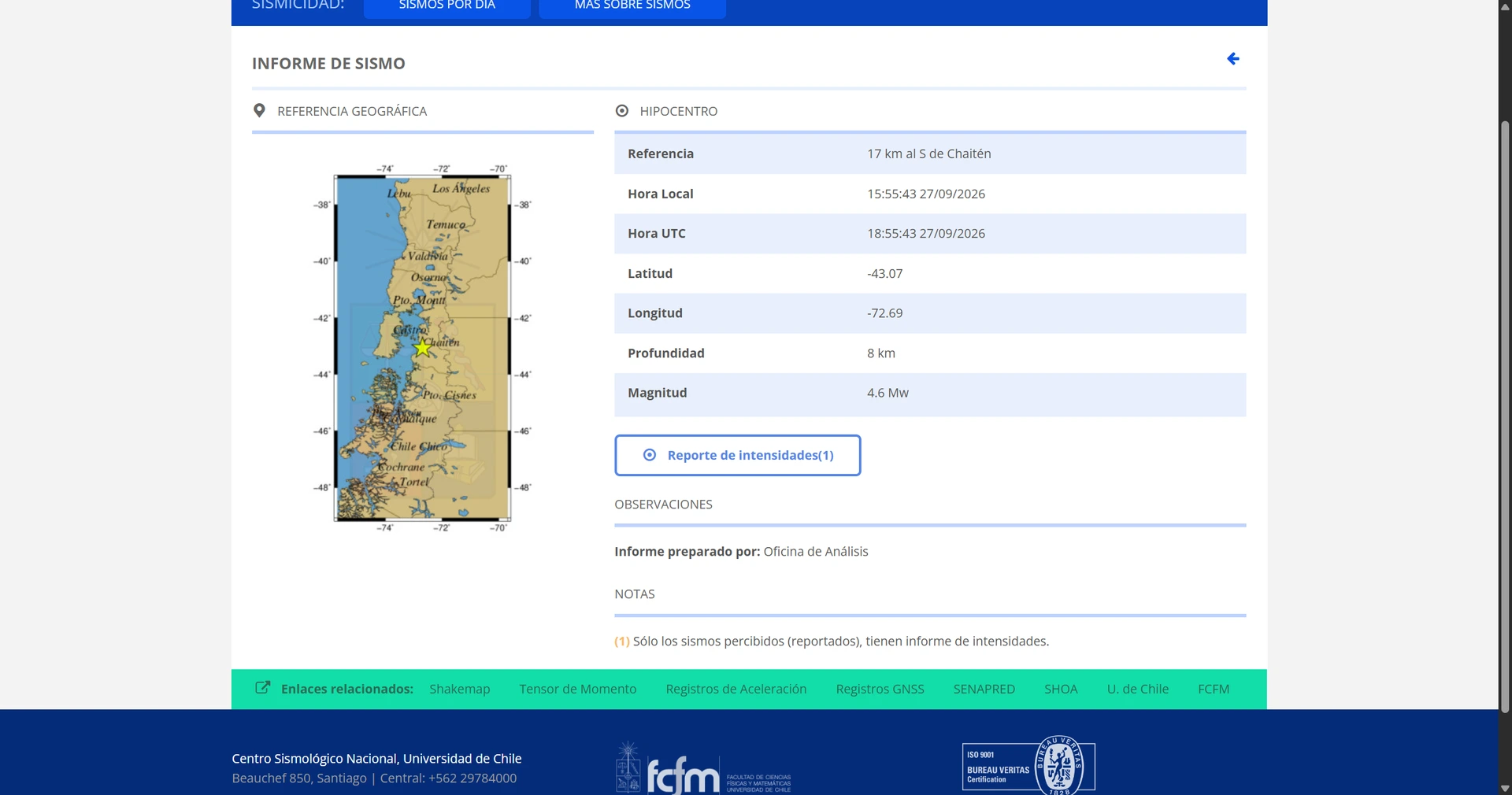 Sismo de magnitud 4,6 se localizó a 17 km al sur de Chaitén